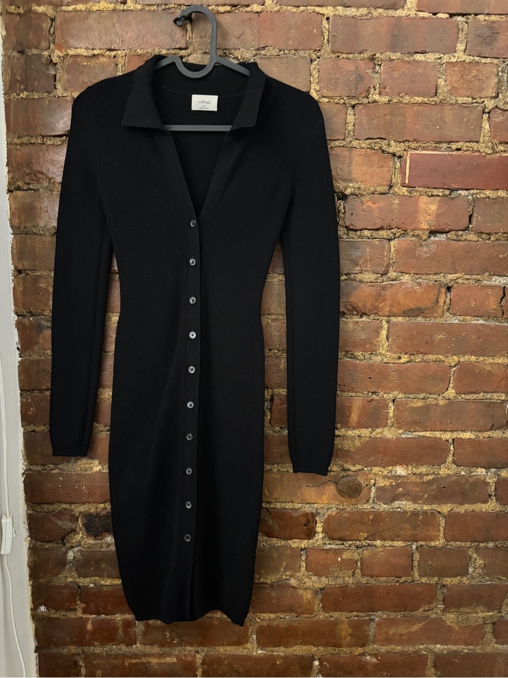 Aritzia Black Long-Sleeve Button-Front Knit Dress